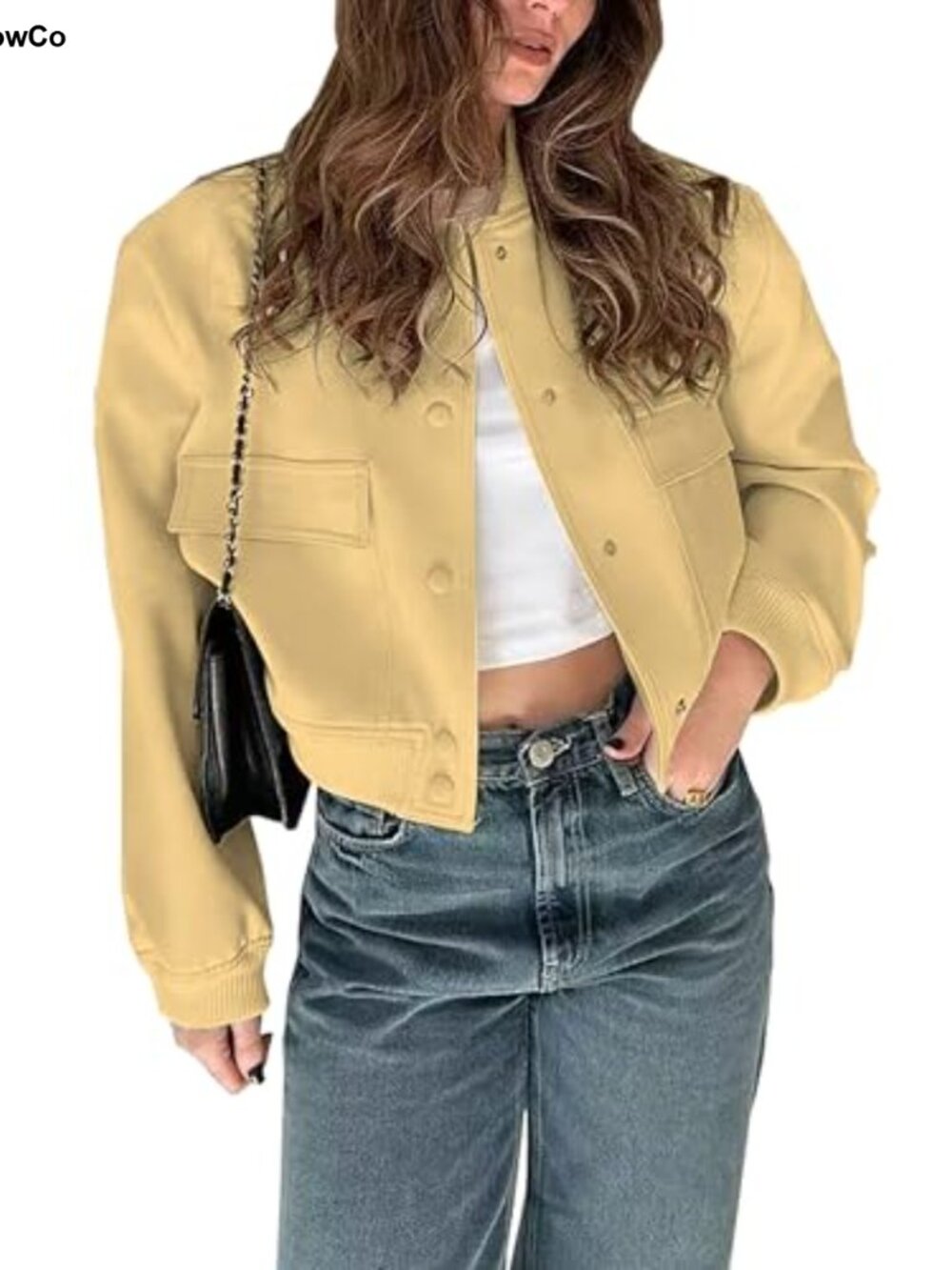 Womens Cropped Varsity Bomber Jacket Button Down Casual